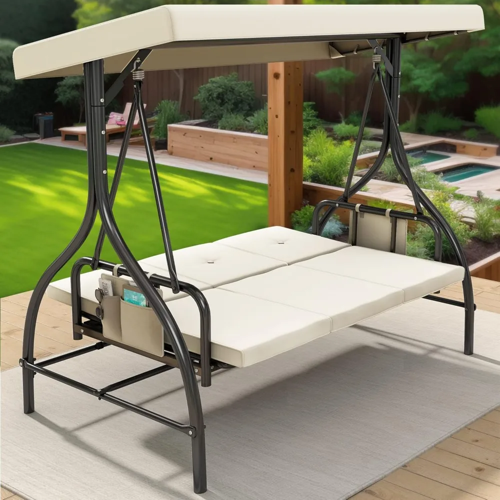 Porch Swing Bed 3-Seats Outdoor Patio Swings Heavy Duty Swing Chair with Adjustable Canopy Removable Cushion, Suitable