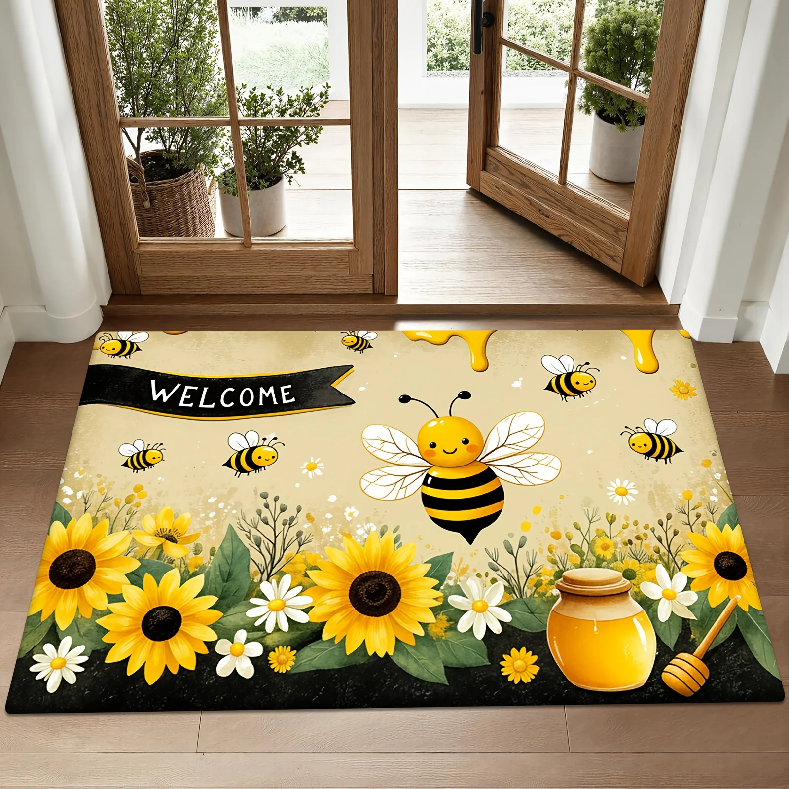 2D Flat Cute Bees Sunflowers Honey Welcome Text Flannel Door Mat Non Slip Summer Garden Rug For Entryway Front Porch Floor Decor