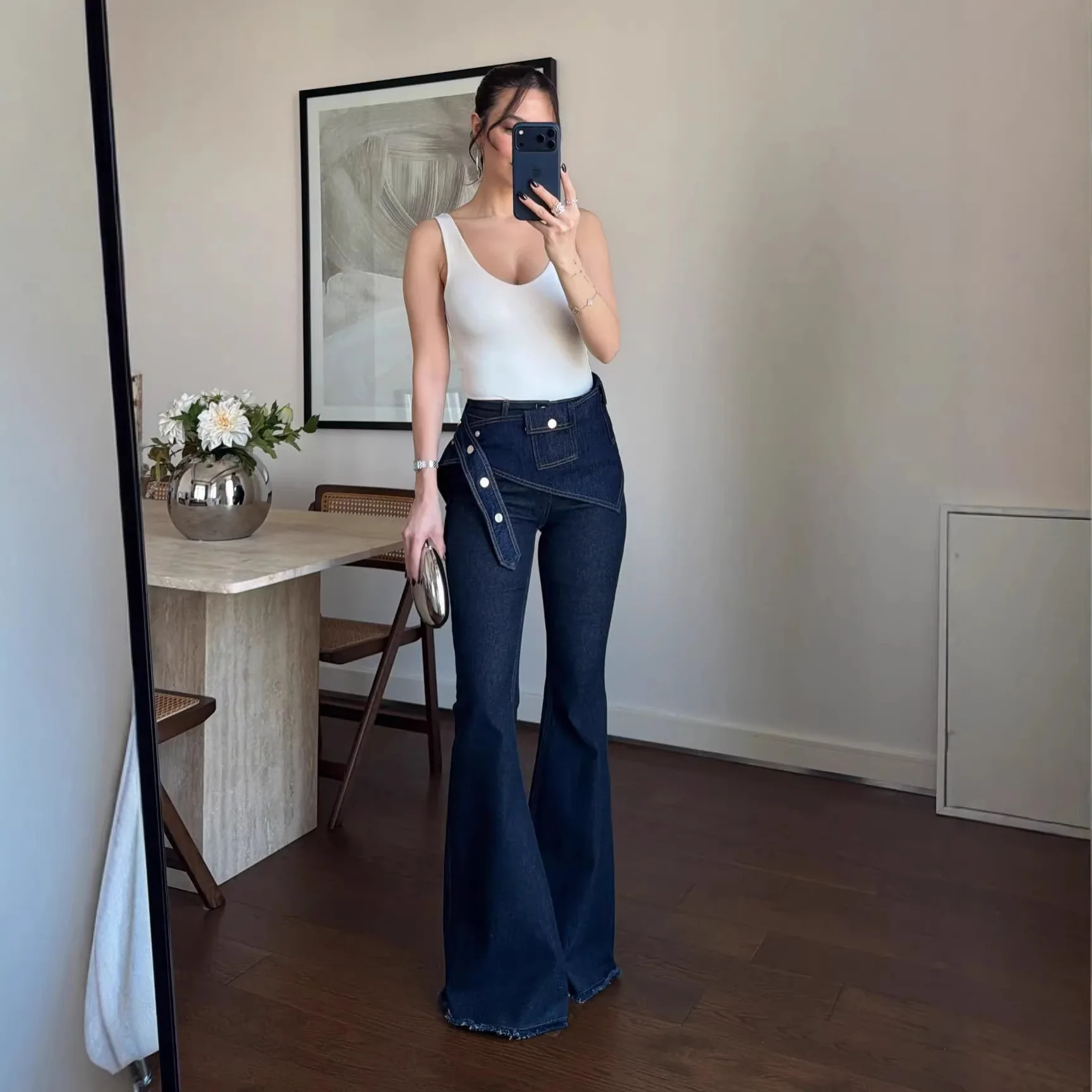 2026 European and American Women's Clothing INS Popular Fake Two Pieces of High-waisted Micro-pull Jeans and Women's Pants