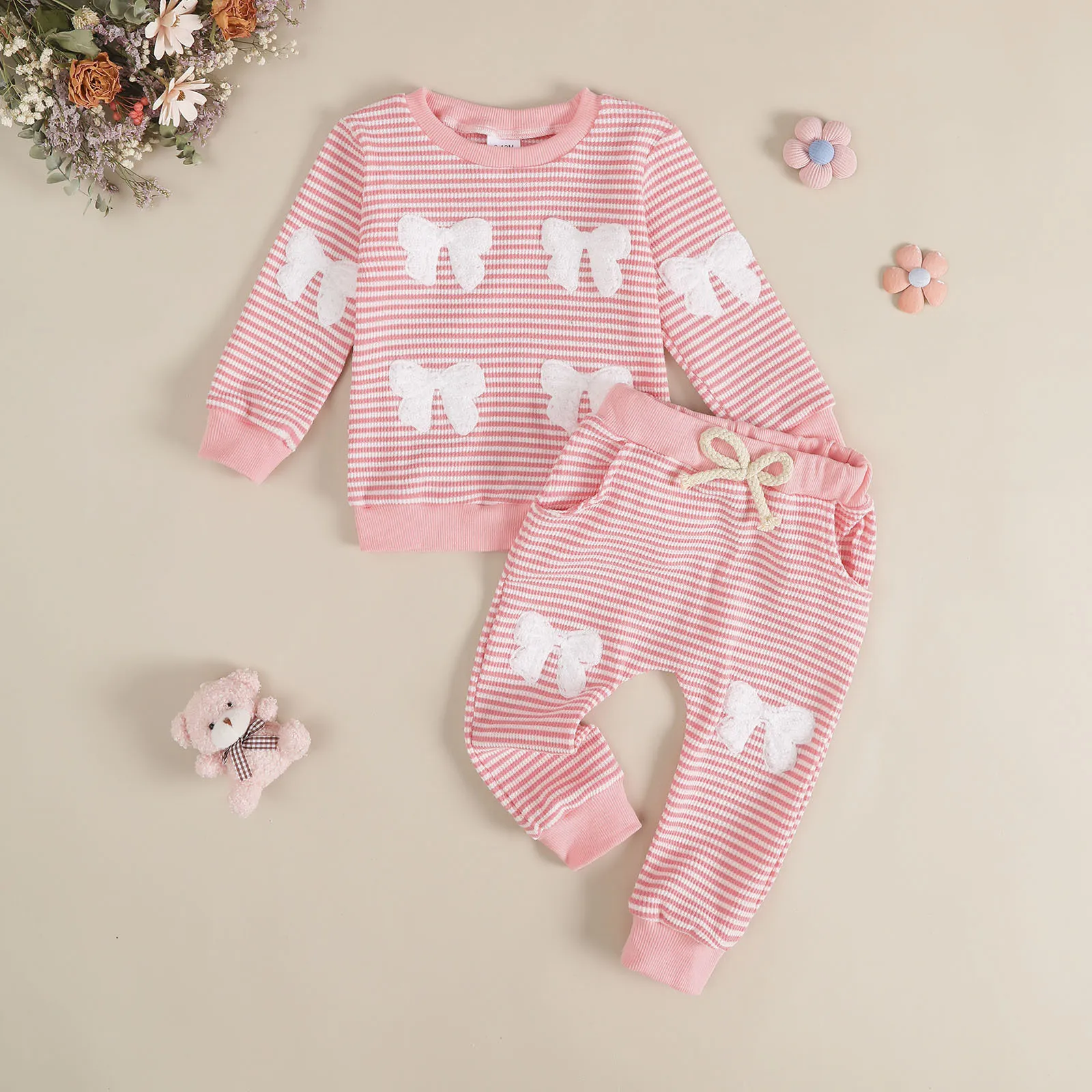 

Baby Girls Outfit Set New Waffle Striped Bow Embroidery Sweatshirt And Long Pants Two Piece Set Girls Soft Comfortable Clothing