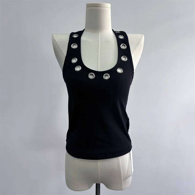 

Women's vest New elastic slim fit sleeveless top for summer 2025 Rivet decoration Women's corset Sexy backless Crop top T-shirt