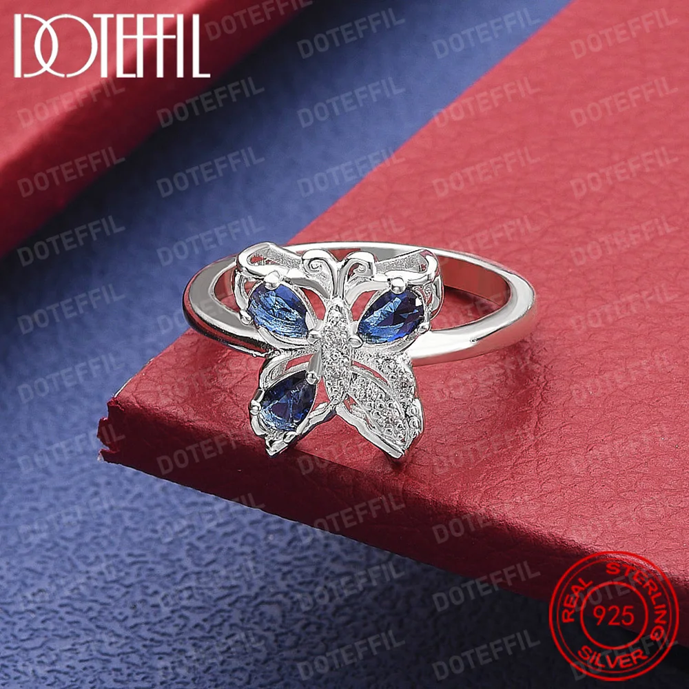 

925 Sterling Silver Blue Crystal Butterfly Ring For Woman Fashion Wedding Engagement Party Gift Charm Jewelry
