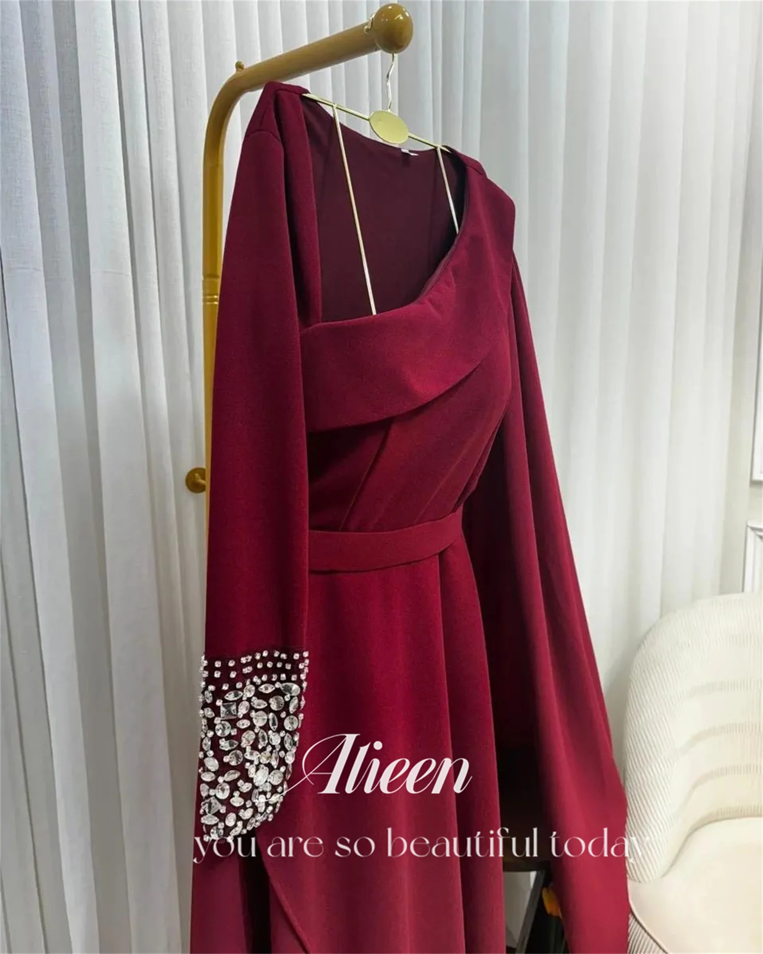 Long Sleeves Dark Red Stone Shawl Evening Dresses Woman Elegant Wedding Party Dress Robe De Soiree Femmes Prom Customized Saudi