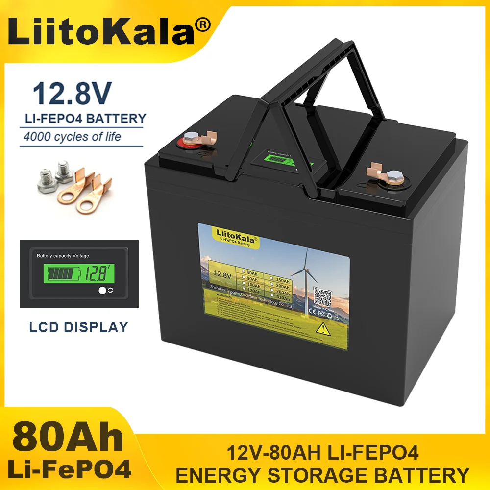 LiitoKala 12.8V 80AH LiFePO4 Battery 12v 4 strings Lithium Iron Phosphate Inverter Car lighter Batteries 14.6V Charger duty-free