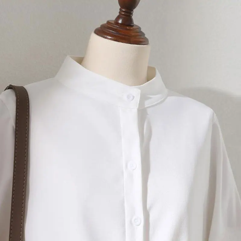 Blue Lantern Sleeve Stand Collar Office Lady Solid Casual monopetto camicetta da donna camicia abbigliamento femminile top Fashion 2024