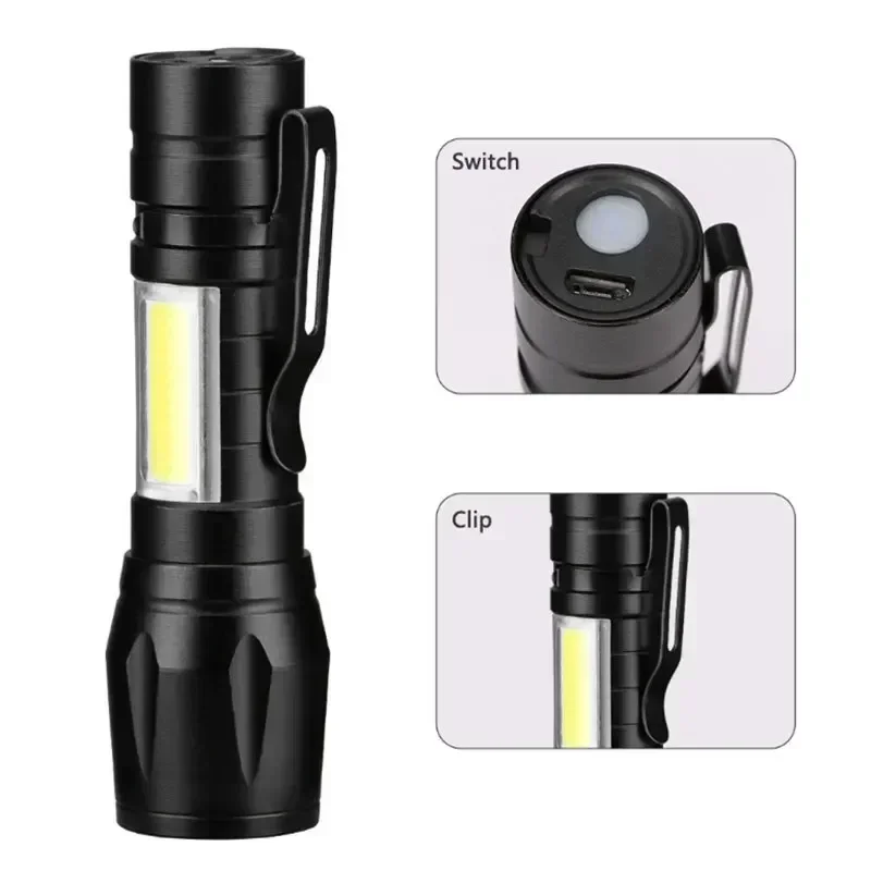 Mini latarka LED COB + XPE przenośna latarka USB ładowanie latarnia kempingowa Zoomable Focus Light latarka taktyczna z klipsem na długopis