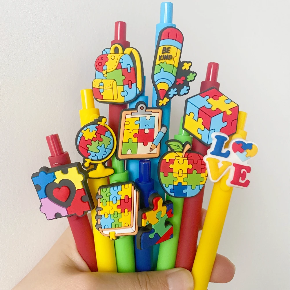 

10Pcs Autism Awareness Pens Bulk Colorful with Silicone Focal Beads Black ink Gel Pen Black Ink Autism Awareness Month Gifts