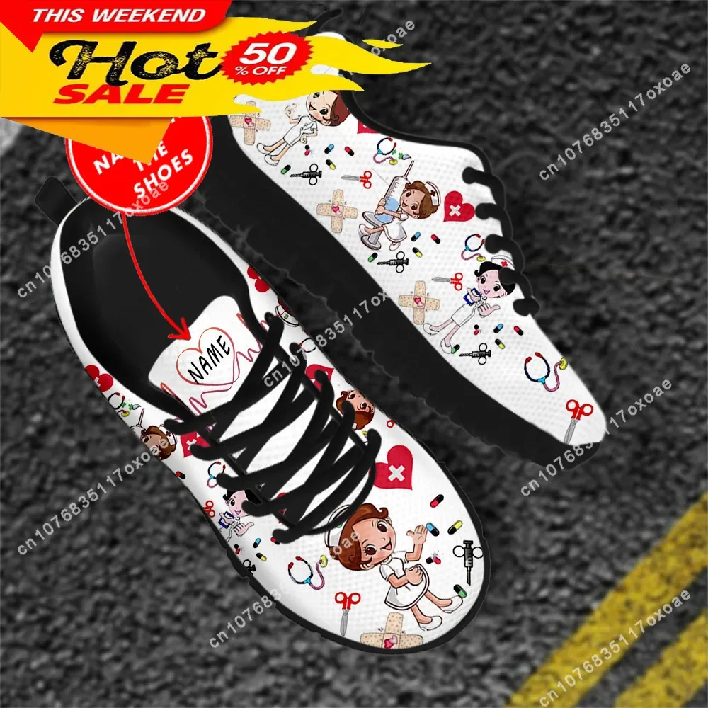 Custom Name Nurse Shoes Mesh Flat Sneakers for Women's Cute Cartoon Premium Sketch Physio Design Breathable Footwear