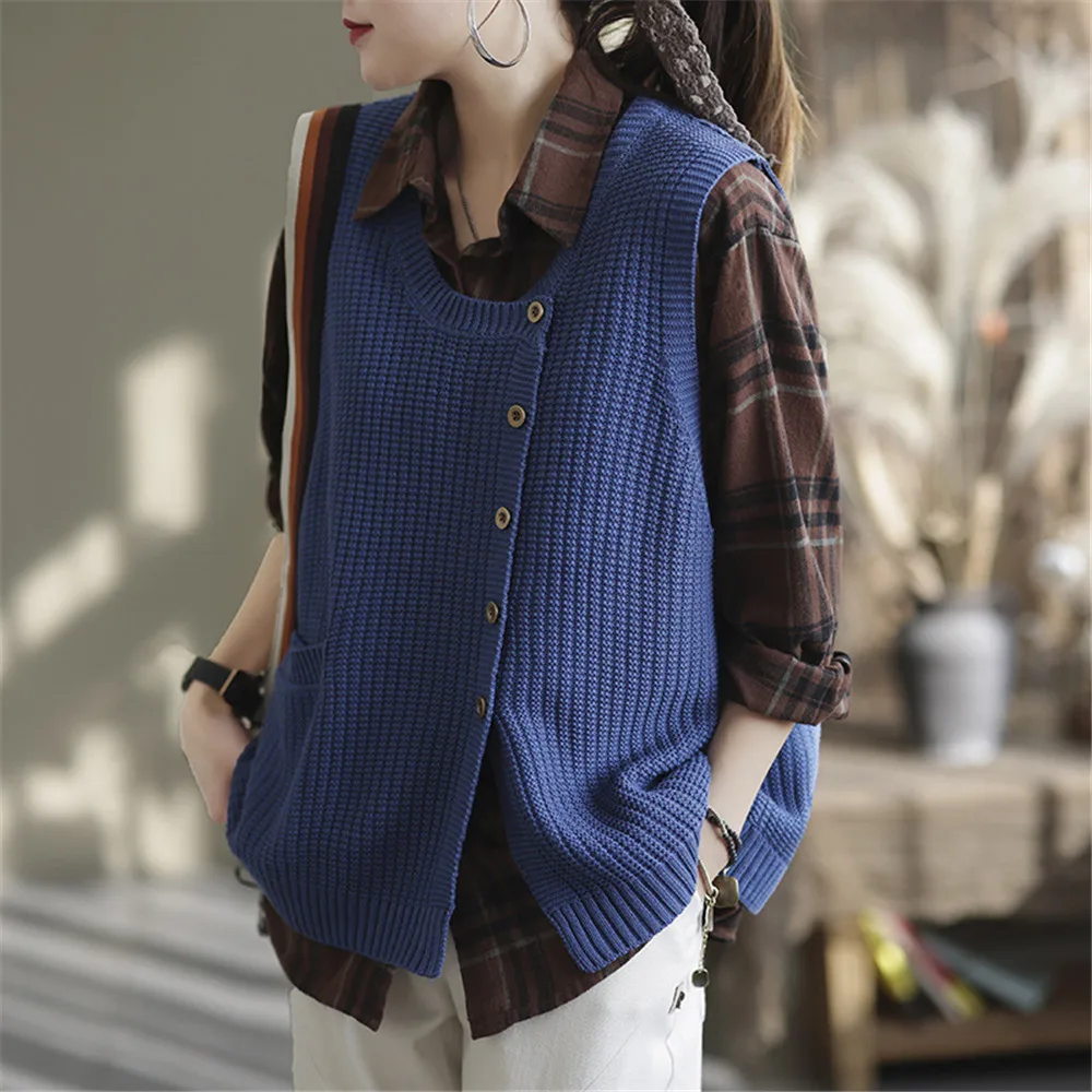 Spring Autumn 2024 Ladies knitting Sweater Vest Jacket Loose Sleeveless Women\'s Waistcoat  Fashion Female Pullover Clothing Tops