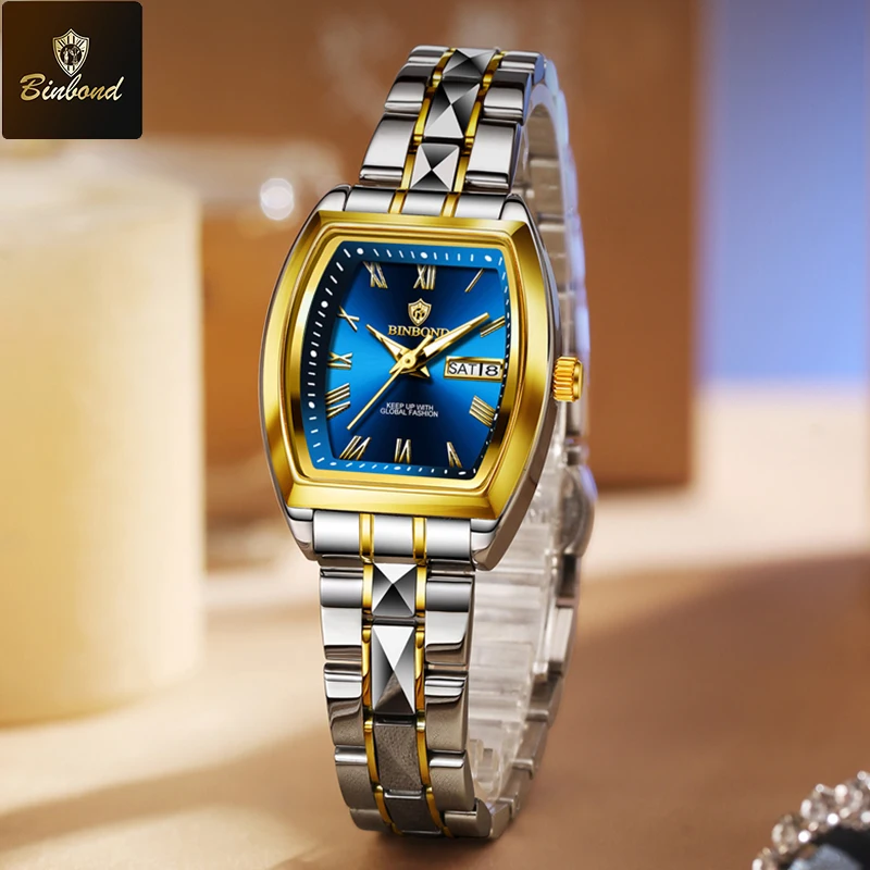 BINBOND B355 лучший бренд модные деловые женские роскошные кварцевые часы 30 м водонепроницаемые часы с датой недели спортивные повседневные женские наручные часы