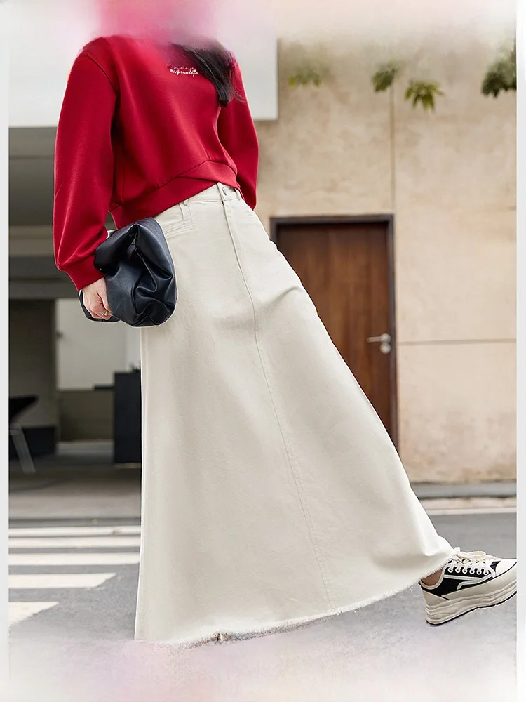 

Fashionable Light Beige Denim Skirt Women's Spring New Design Frayed Minimalist A-Line Long Skirt Cotton Umbrella Skirt