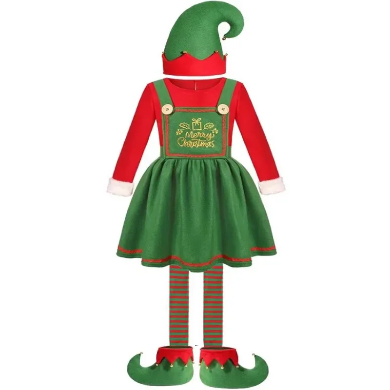 Xmas Elf Cosplay Costume Christmas Santa Claus Family Jumpsuit Hat Shoes Socks Holiday Party Outfit Adult Kids New Year Gift Set