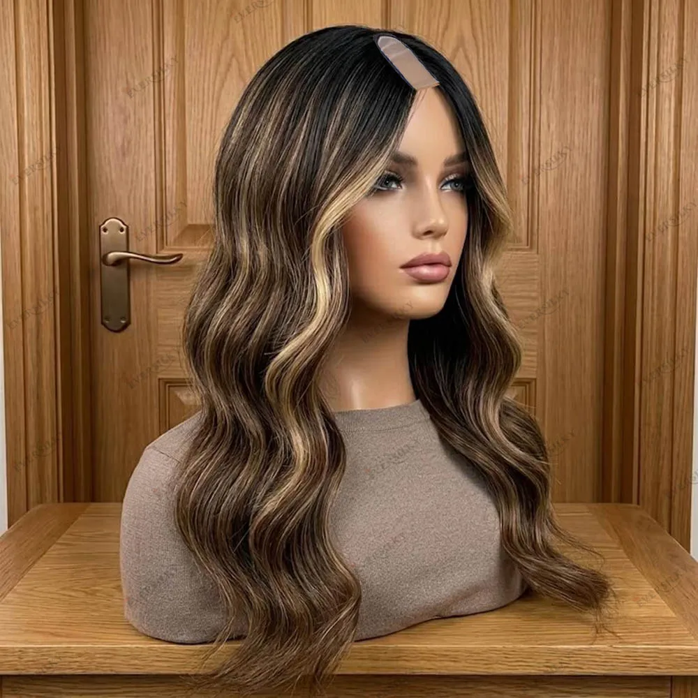 Black Brown Balayage Highlight Human Hair Cheapest U Part Wigs 1X4 Middle Open Glueless Machine Made Blonde U Shape Remy