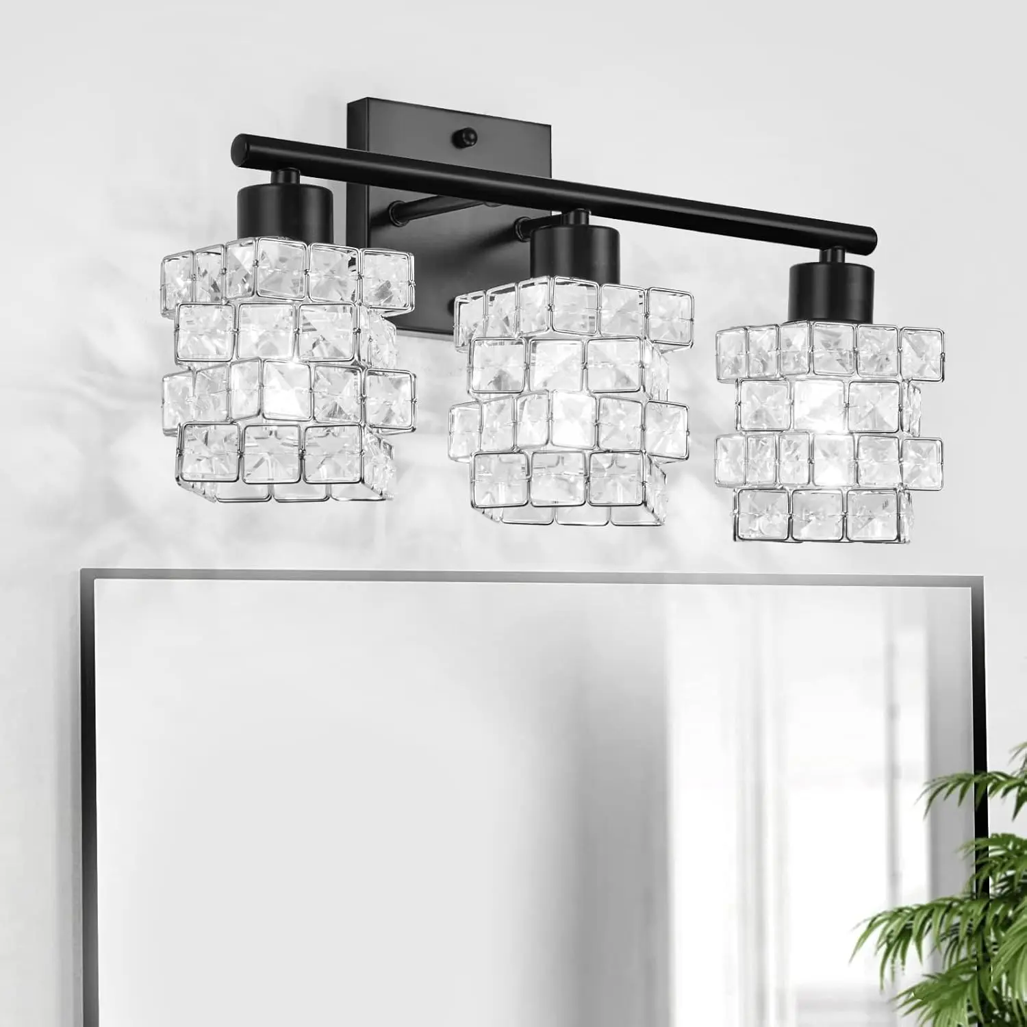 

3-Light Crystal Bathroom Vanity Light, Matte Black Rotatable Wall Fixture for Mirror, Sink, Foyer