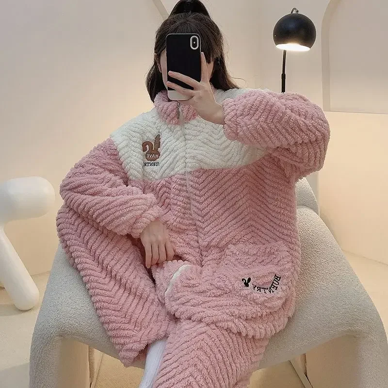 110KG Plus Size Coral Velvet Pajama Women Winter Thickened Sweet and Cute Flannel Wearing A Home Suit Underwear Sets Simple