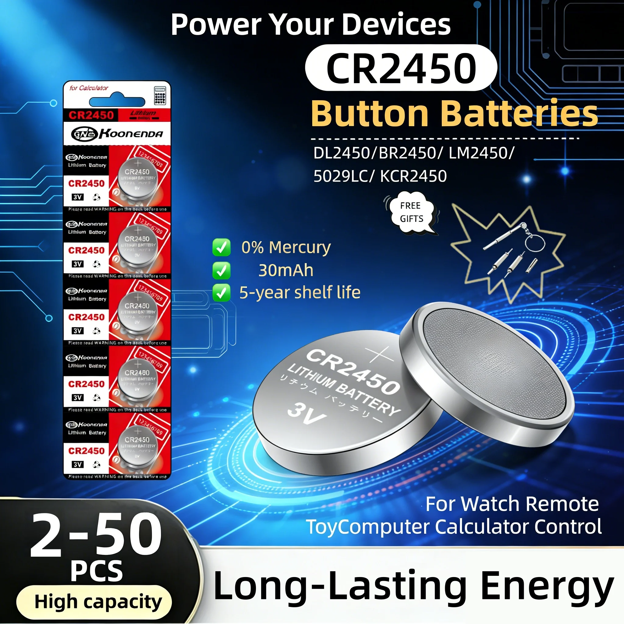 

CR2450 3V 600mAh Lithium Button Cell Battery for Watch Car Remote, 2-50PCS Pack, KCR2450 DL2450 BR2450 Replacement