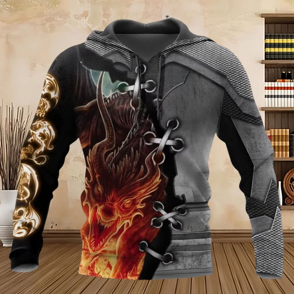 

Dragon Pattern Prin Men Fall Pullover Hoodie Comfortable Kangaroo Pocket Street Vintages Hooded New in Sweatshirts Y2k Hoodie
