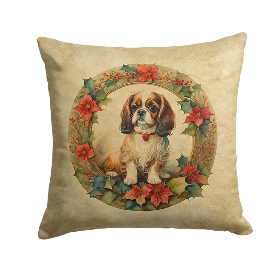 English Toy Spaniel Christmas Flowers Throw Pillow Machine Washable Indoor Outdoor Decorative Pillow for Couch Bed or Patio 14H