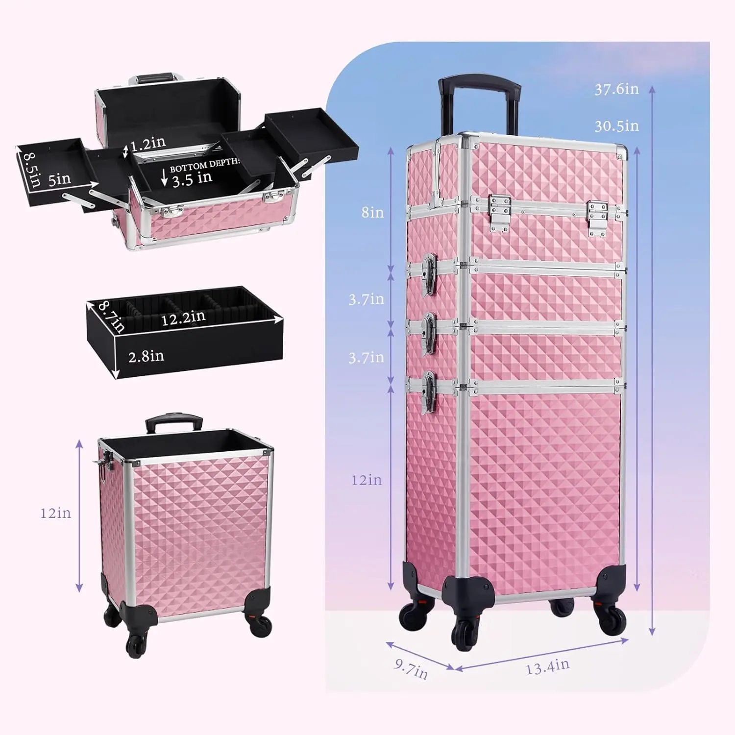 Stagiant Rolling Makeup Train Cosmetische trolley met grote opbergruimte 4-in-1 trolley met grote capaciteit Make-up reisetui met sleutelwartel