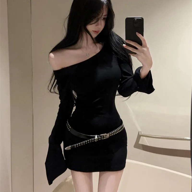 

Slim Fit Long Sve Base irt with Belt Autumn Winter oulder Angle One Word Collar Sexy Girl Thinming Dr Bla H pe ...