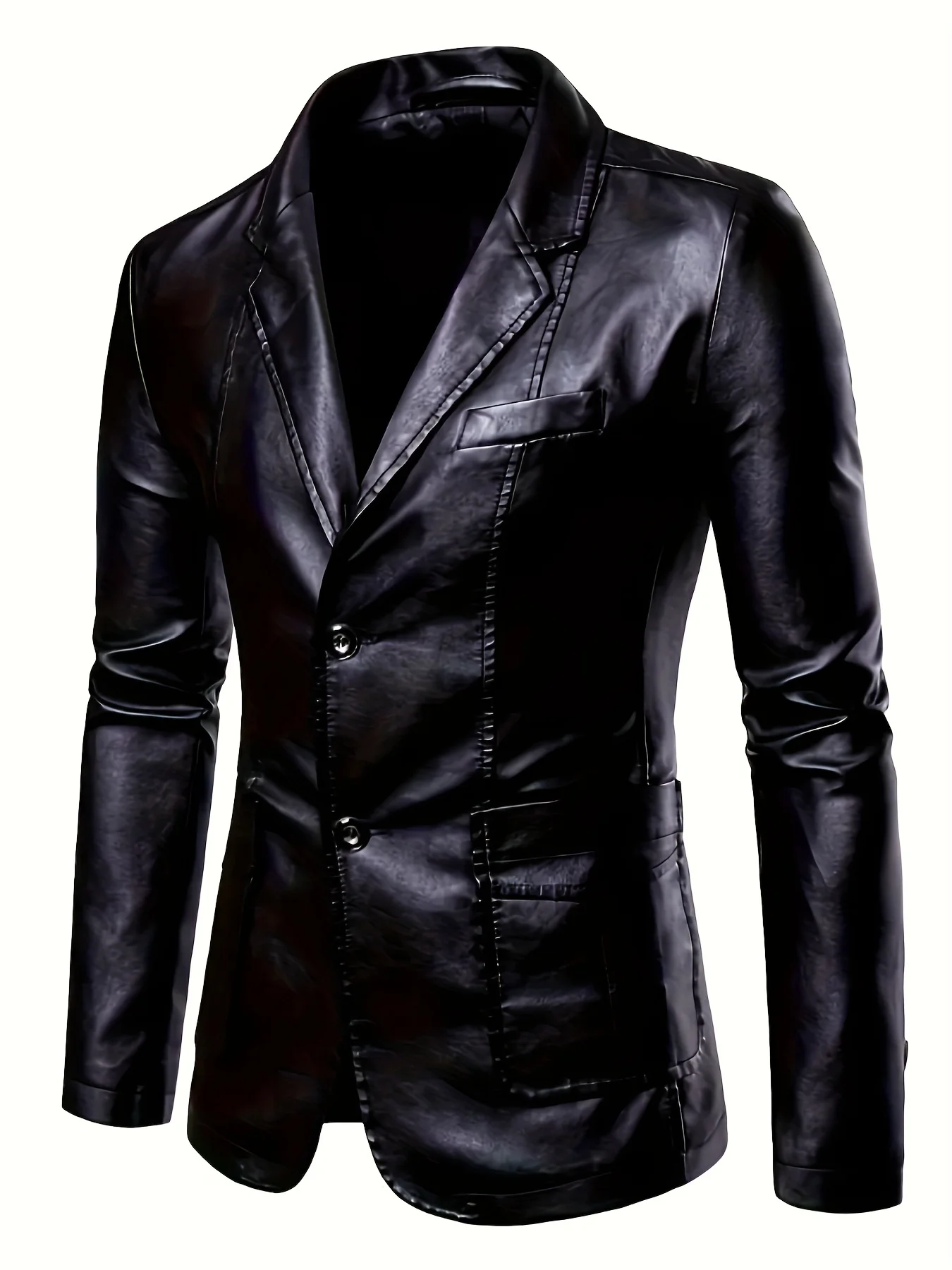 Men PU Faux Leather Blazer Notched Lapel 2‑Button Slim Fit Suit Jacket Casual Business Party Outerwear Coat