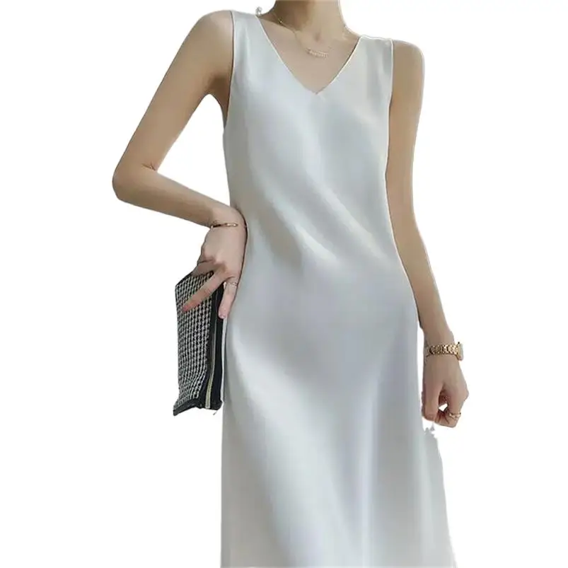 

Silky Satin V-neck Tank Long Dress women's 2024 spring and summer new fashion simple dress loose and lazy casual dress Vestidos