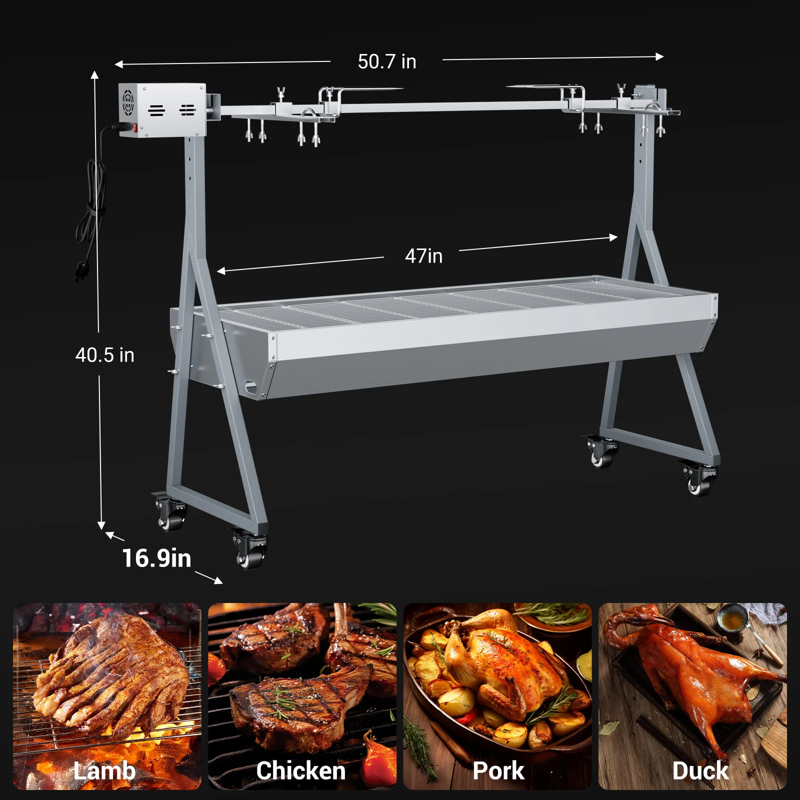 Metal Rotisserie Grill 176lbs, 25W Motor Small Pig Lamb Rotisserie Roaster, 47 Inch BBQ Charcoal Rotisserie Grill