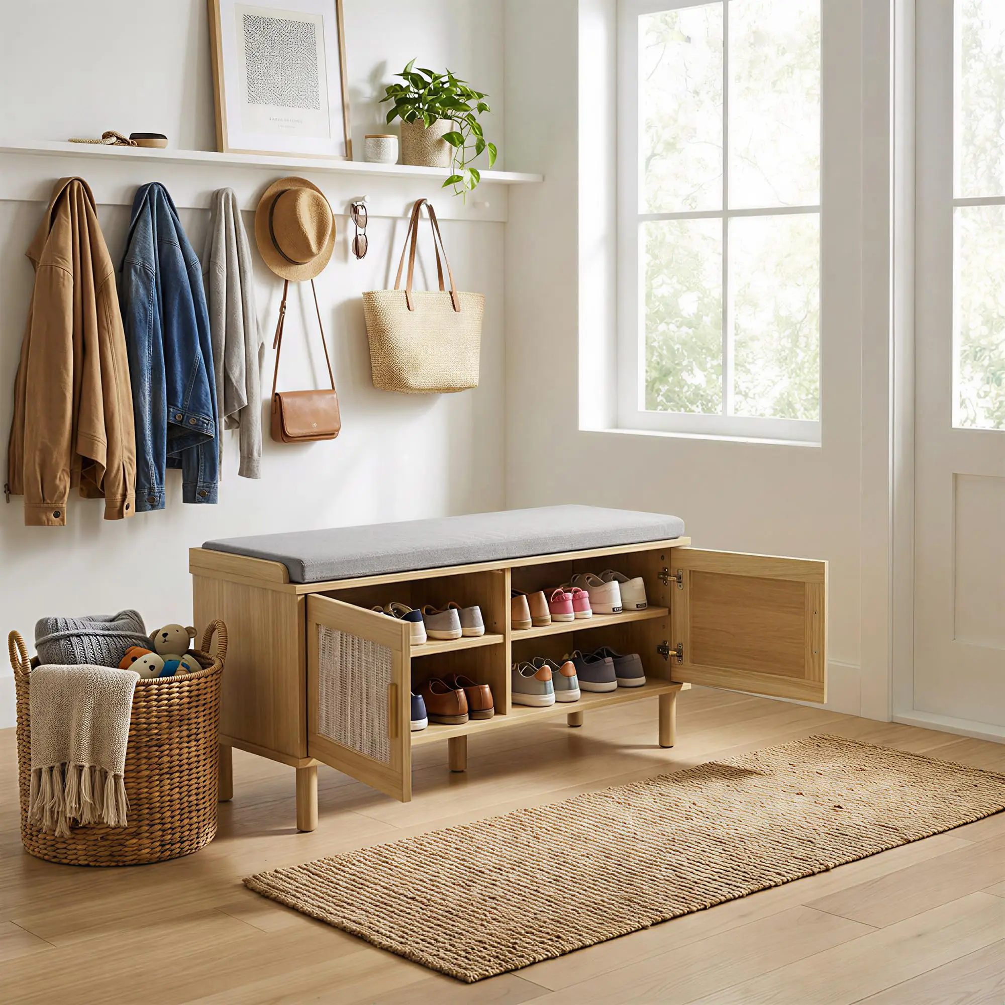 Rattan Shoe Storage Bench 2 Tier Entryway With Comfy Cushion