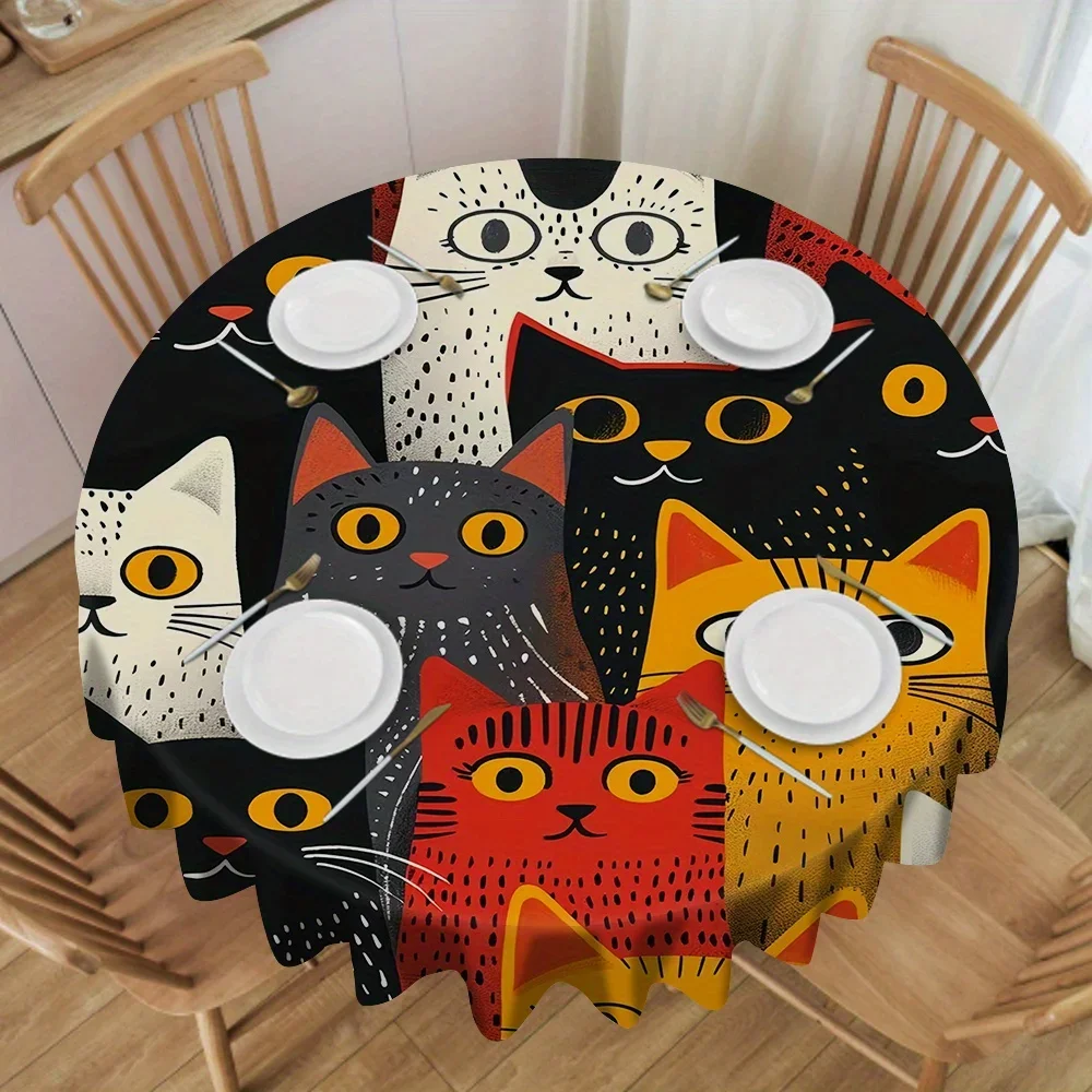 JIT1PC Colorful Cat Pattern Tablecloth, Rectangular/Circular Tablecloth, Suitable for Kitchen, Dining Room and Party Use