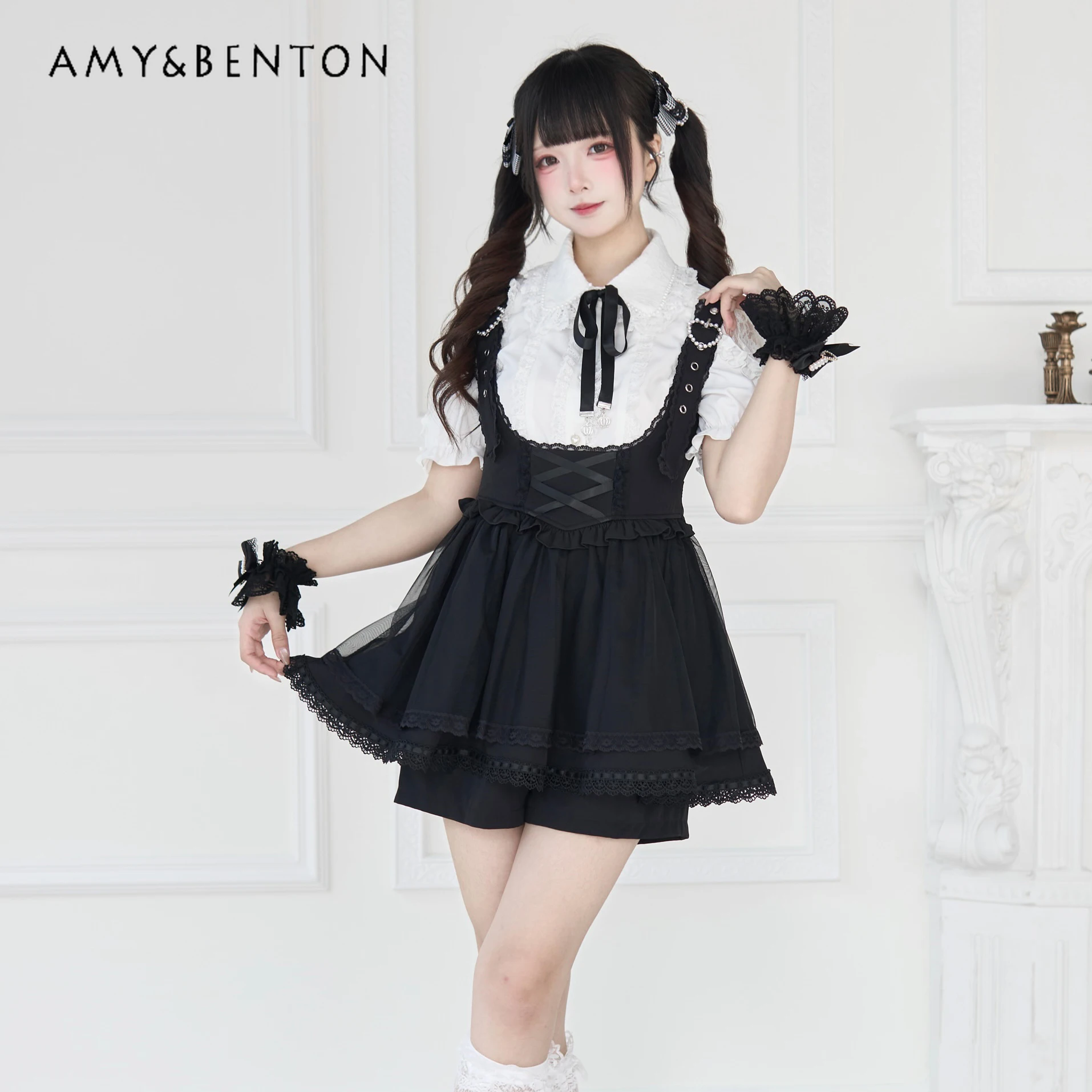 

Серия Mine Массовое производство японских субкультурных юбок, комплекты с кружевным принтом, рубашка с короткими рукавами и лацканами из бисера, сетчатая юбка с высокой талией