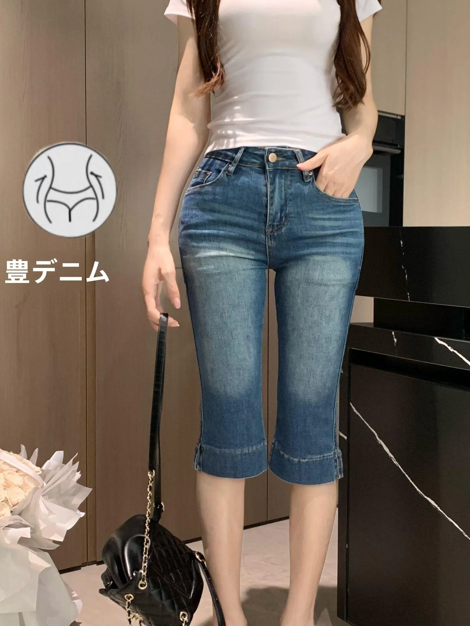 Summer Capri Pants Women's Slim Fit mid High Waist Elastic Jeans Seven Eight Parts of a Whole Fashionable Versatile Denim Shorts