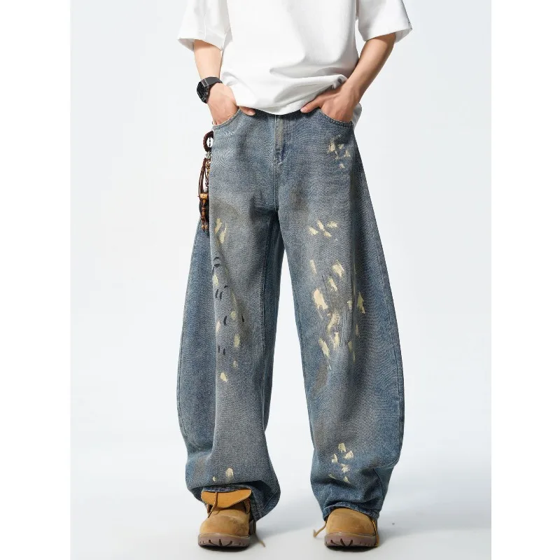 Retro Scimitar Jeans for Men and Women, Spring and Autumn New Splashing Ink Dirty Dyed Dirty Straight Loose Casual Long Pants