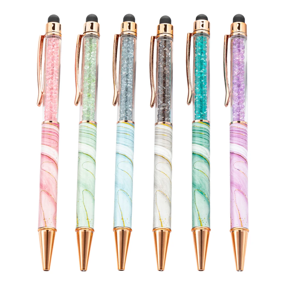 

6pcs Touch Screen Crystal Ballpoint Pen Luxury Marble Design Smooth Writing For Office School Journaling Women