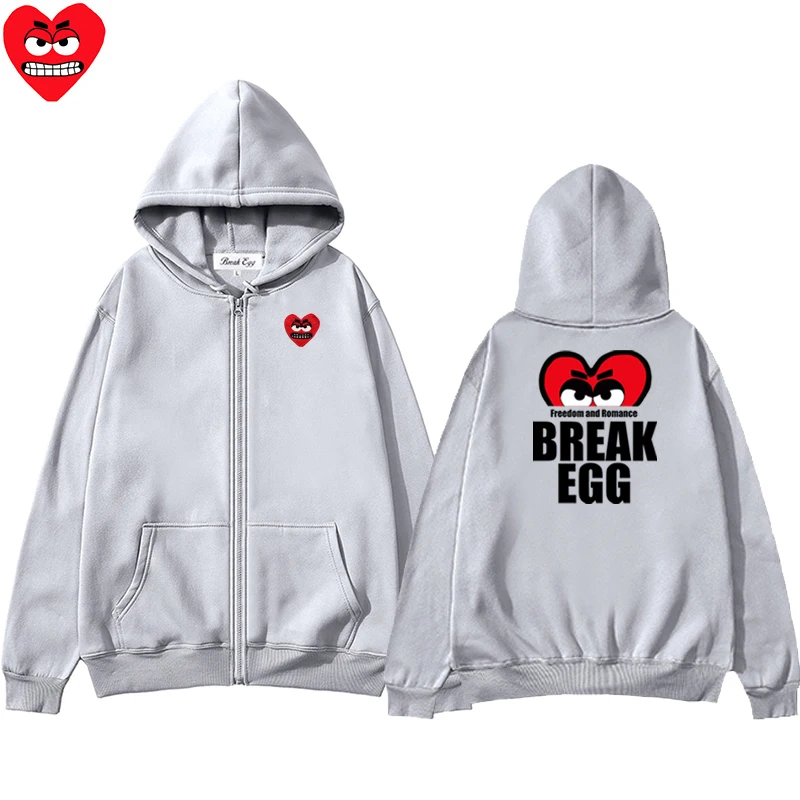 Half Hearted Printing Men Women Zipper Hoodie Cool Cute Snag Heart Embroidery Polyester Pocket Loose Thin Autumn Sweater