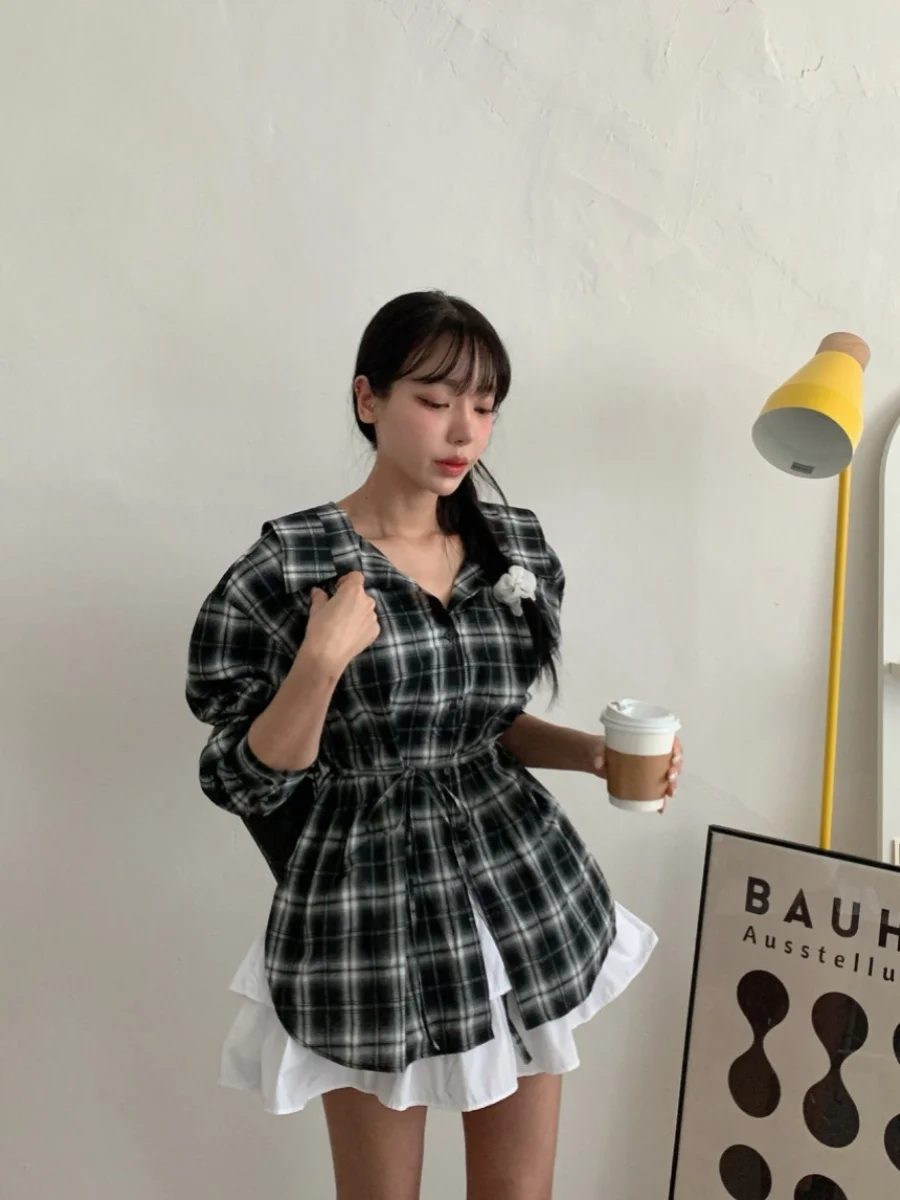 

Women's Plaid irt Spring Vintage Turn-down Collar Loose Lazy Sle Belted Waist Slim round Hemline Cotton Long Sve Top