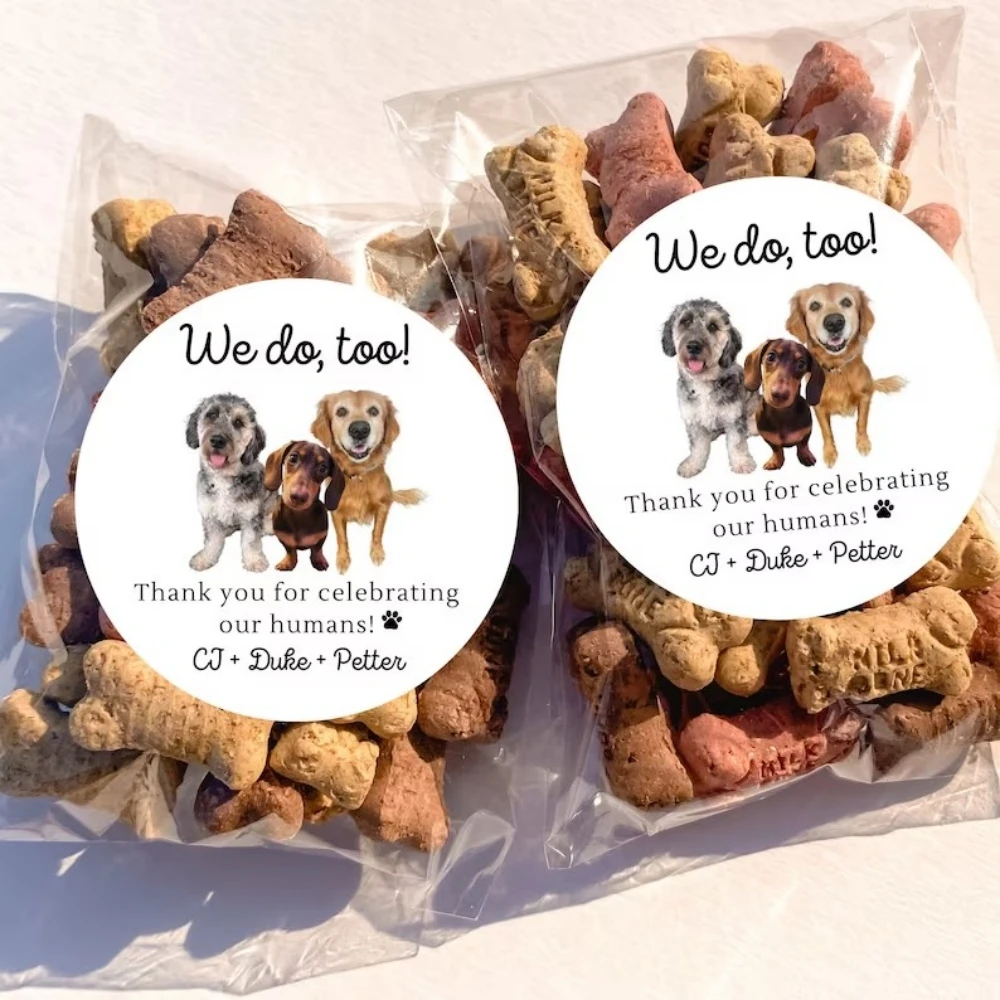 Pegatinas de boda personalizables de 50 piezas, bolsa de golosinas para perros, recuerdo de boda para fotos de mascotas, etiquetas para bolsas de golosinas, texto personalizado