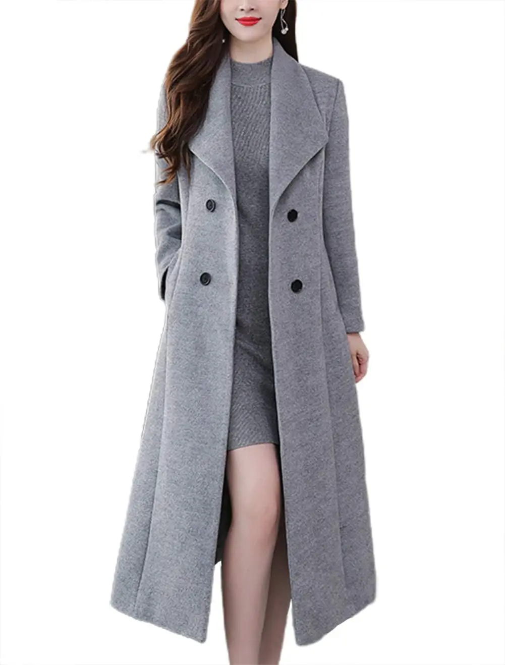 

ZENFLEX Women's Chic Shawl Collar Work Double Breasted Maxi Long Wool Pea Coat