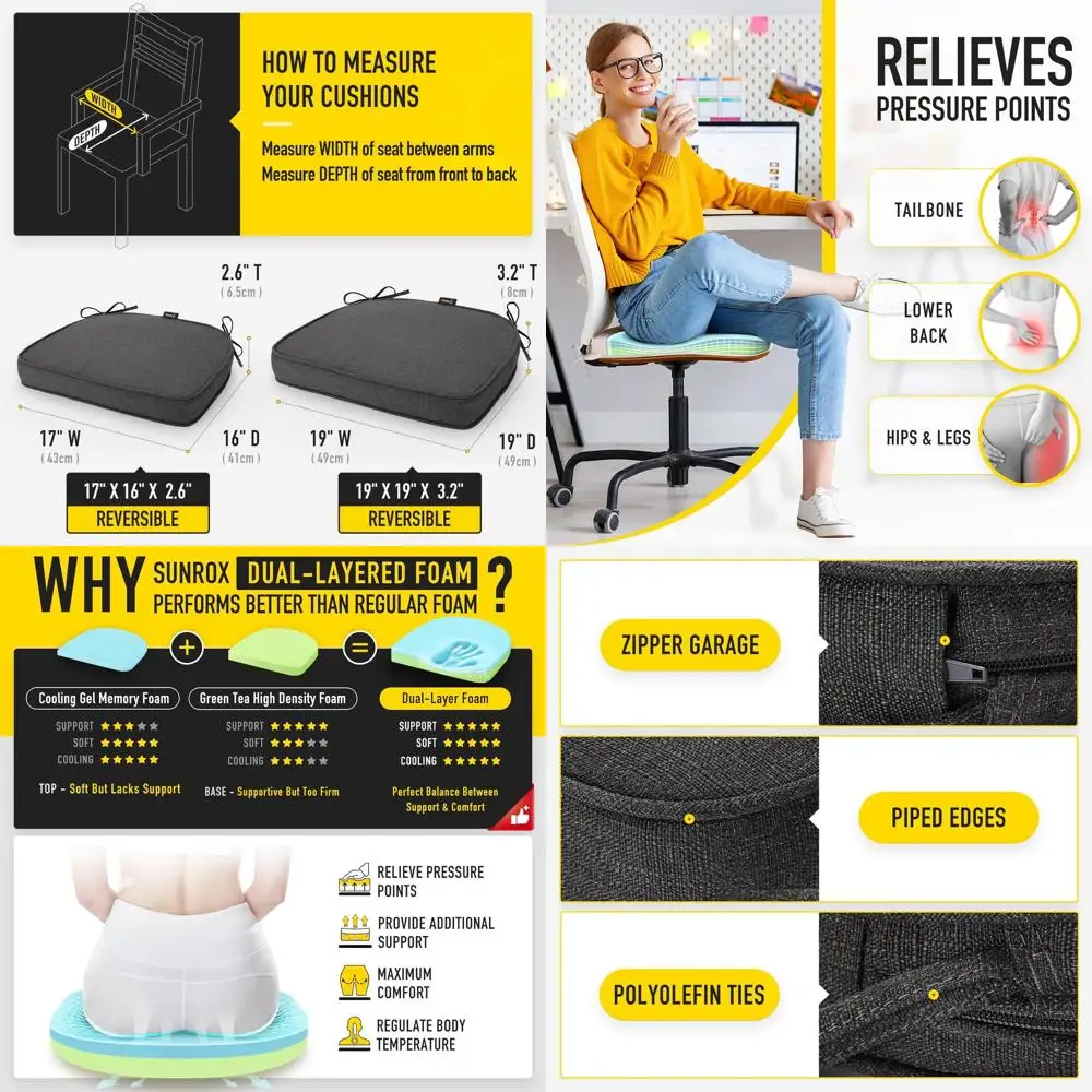 

Подушки для сидений из пены с эффектом памяти, устойчивые к выцветанию, водо- и грязеотталкивающие, двусторонние с завязками, 17x16, комплект из 2 шт., цвет «Полночь»