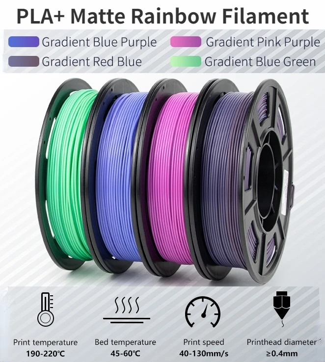 PLA+ Filament Rainbow, 3D Printer Filament Matte Gradient Multicolors Filament, Color Change, 3D Printing Filament 1KG/2.2lb