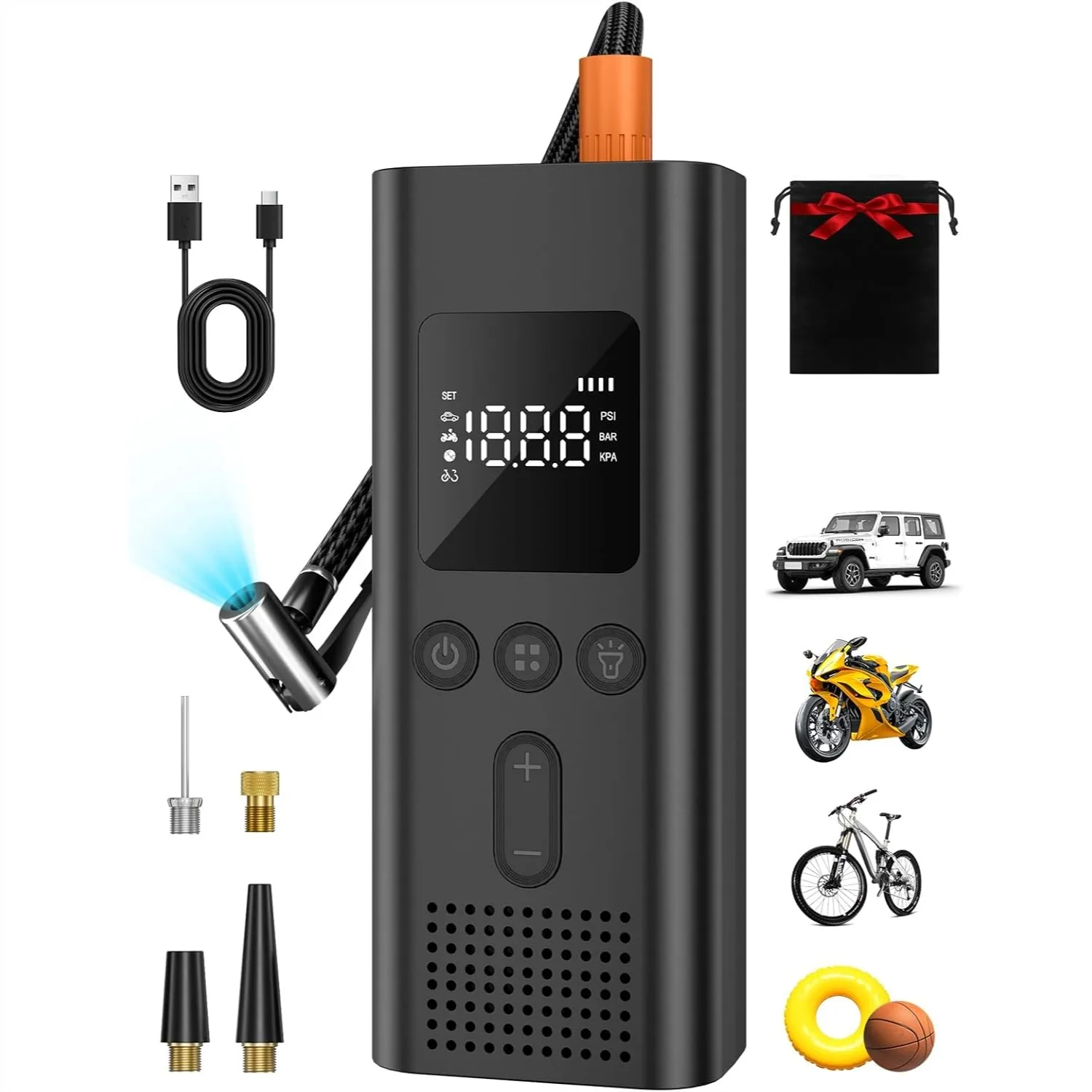 

Portable Air Compressor, Cordless Tire Inflator with 150 PSI, LED Light, Auto Shut-Off for Car and Bike - Your Reliable