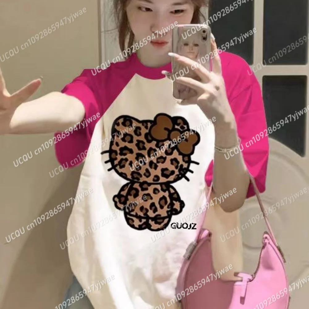 

Summer Women Leopard Print Hello Kitty Print O-Neck Short Sleeve T-Shirt Girl Oversize Daily Top Female Creativity Sport Tees