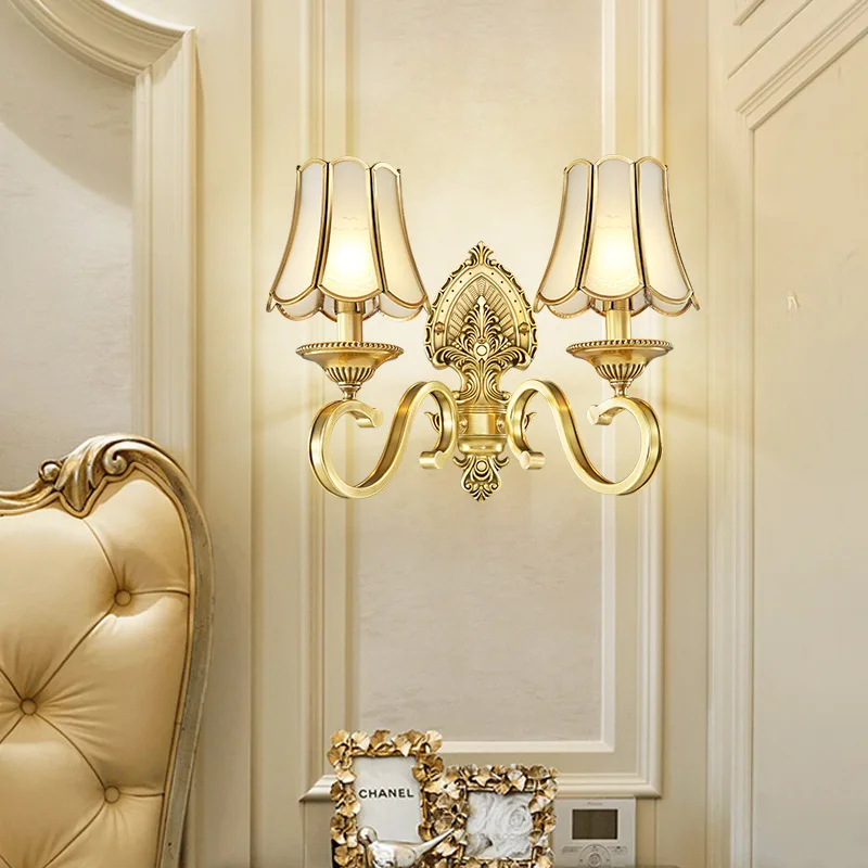 

Classical Brass Glass Wall Lamp Indoor Living Room Bedroom Bedside Lamp Retro Villa Hotel Corridor Hallway Copper Wall Light