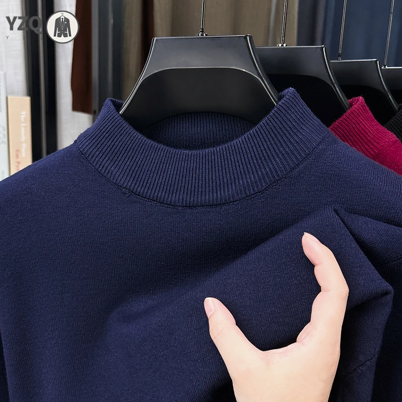 Mens Soft Knit Mock Neck Long Sleeve Sweater Rib Collar Cuff Design Loose Fit Business Casual Apparel