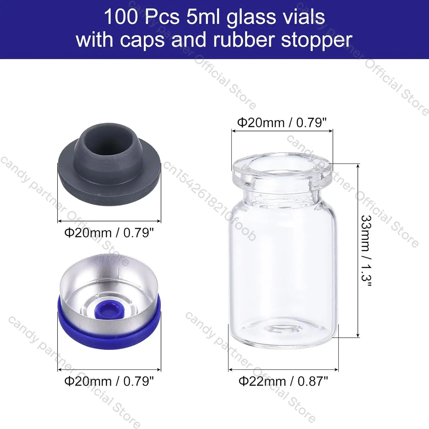 100 Stück 3/5/10ml Glasfläschchen, leere Probenfläschchen mit Verschlüssen, Gummistopfen, Injektionsöffnung für Labor, Pflanzen, ätherische Öle – Detail 2