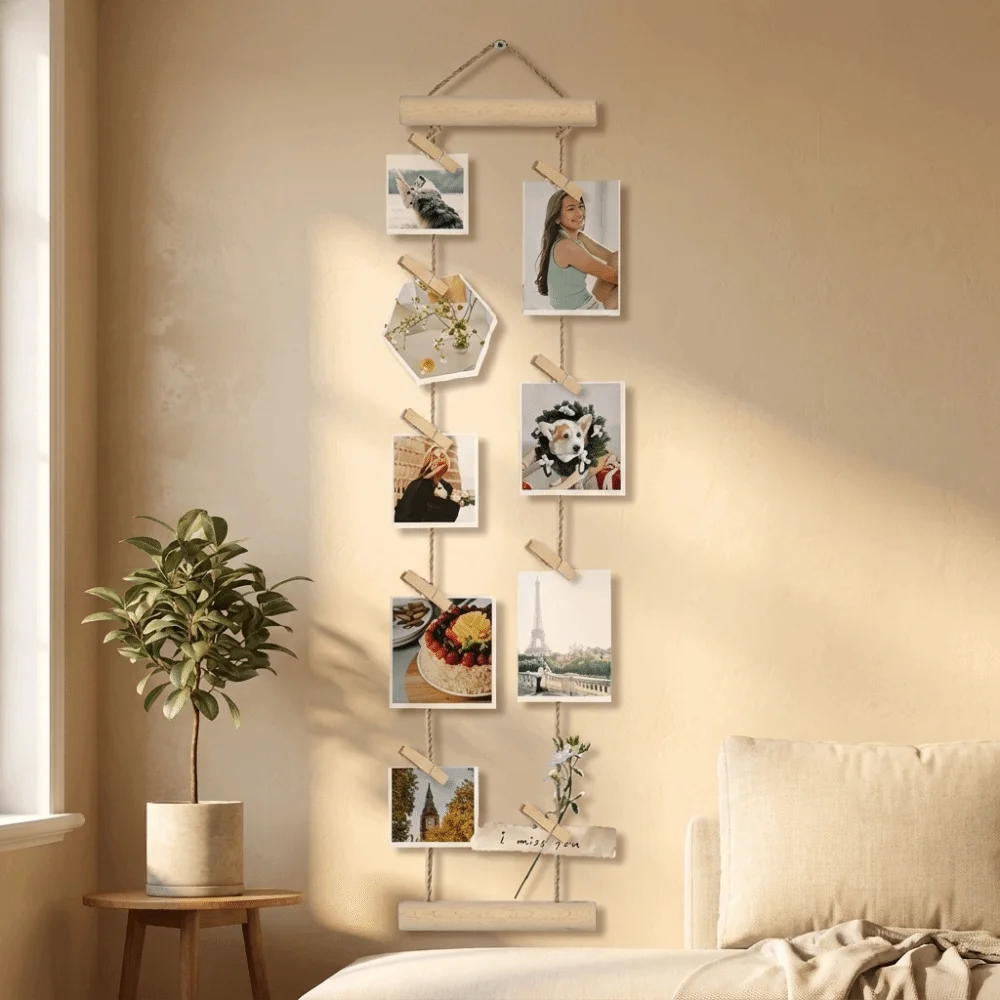 Nordic Style Hanging Photo Display Handcrafted Minimalist Wall Decoration Frame with Clips Decorative Photo Collage Frame