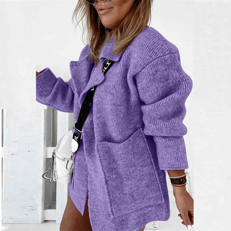 

2025 Winter Autumn Long Sleeve Thick Sweaters Ladies Turn-Down Collar Cardigan Coat XL Women Elegant Solid Color Knitted Sweater