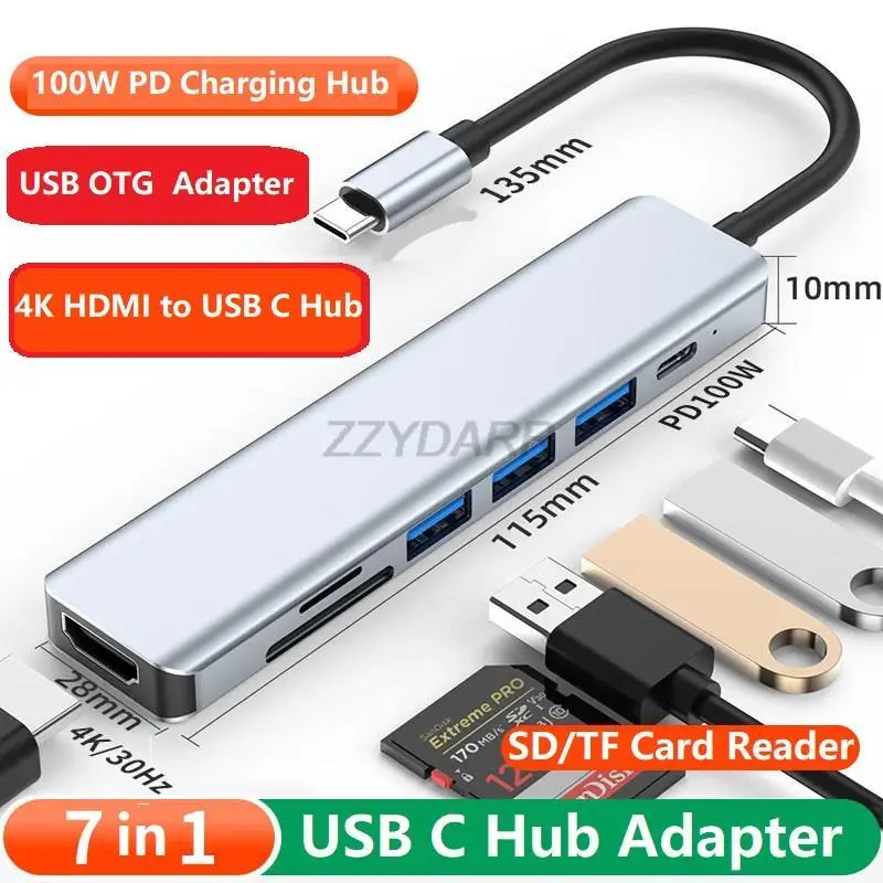 맥북 아이패드 프로용 USB C 허브, 멀티 포트 어댑터, C타입 허브, 100W PD, 4K HDMI, TF/SD 리더, USB3.0, 썬더볼트 3, 7 인 1 