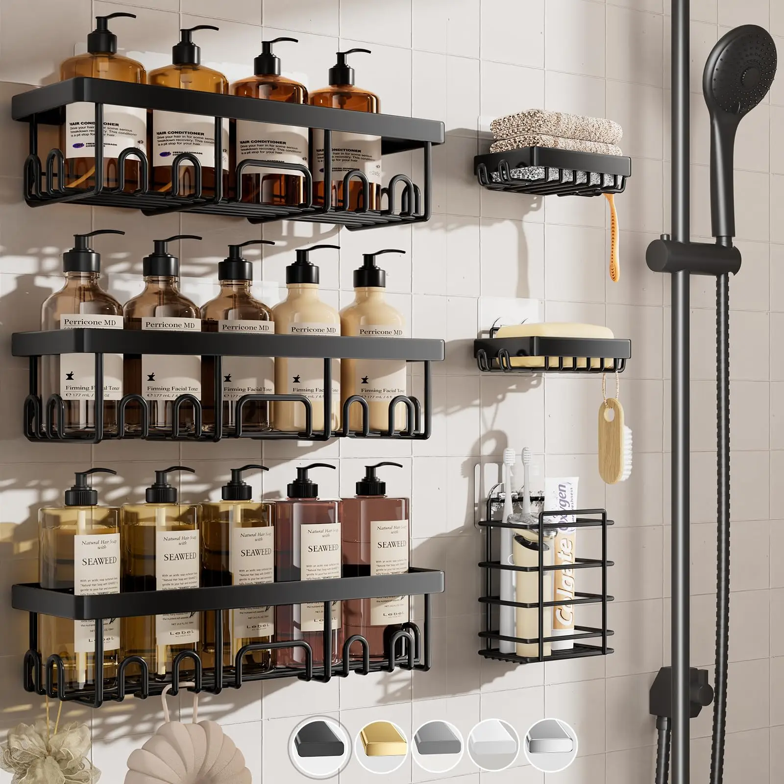 6 Pack Shower Caddy Organizer Rack Shelf for Inside Shower, Adhesive Bathroom Wall Storage Basket Rustproof Stainless Steel Shampoo Holder, Bathroom Accessory Decor Set