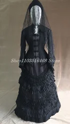 Vintage Victorian Steam Prom Dress Gothic Women's Party Black Satin Jacket Button Pleated Women's Long Sleeve Sheath Dresses