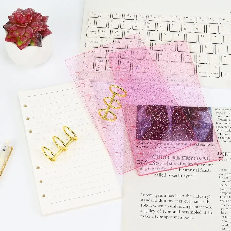 Segregator A6 z akrylu, 6-ringowy, z delikatnym brokatem, segregator na luźne kartki, planer, segregator budżetowy, 90 kartek, papier w linie, możliwość rozłożenia na płasko, Desi